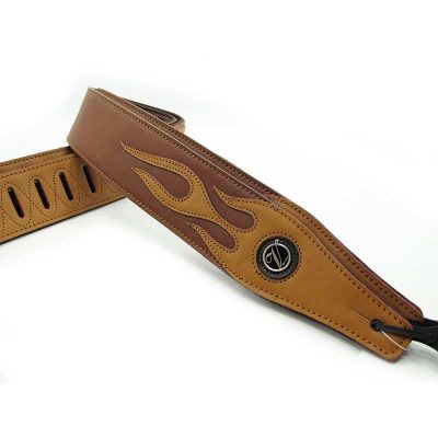 Sangle guitare en cuir pour basses couleur marron motif flamme beige