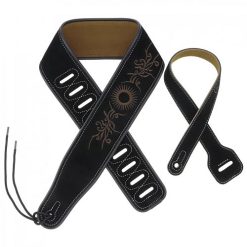 Sangle guitare en cuir noir brodée motif fleur