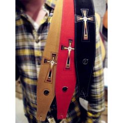 Sangle de guitare en cuir à deux couches de haute qualité - avec motif croix