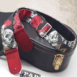 Sangle de guitare tête de mort et rose rouge