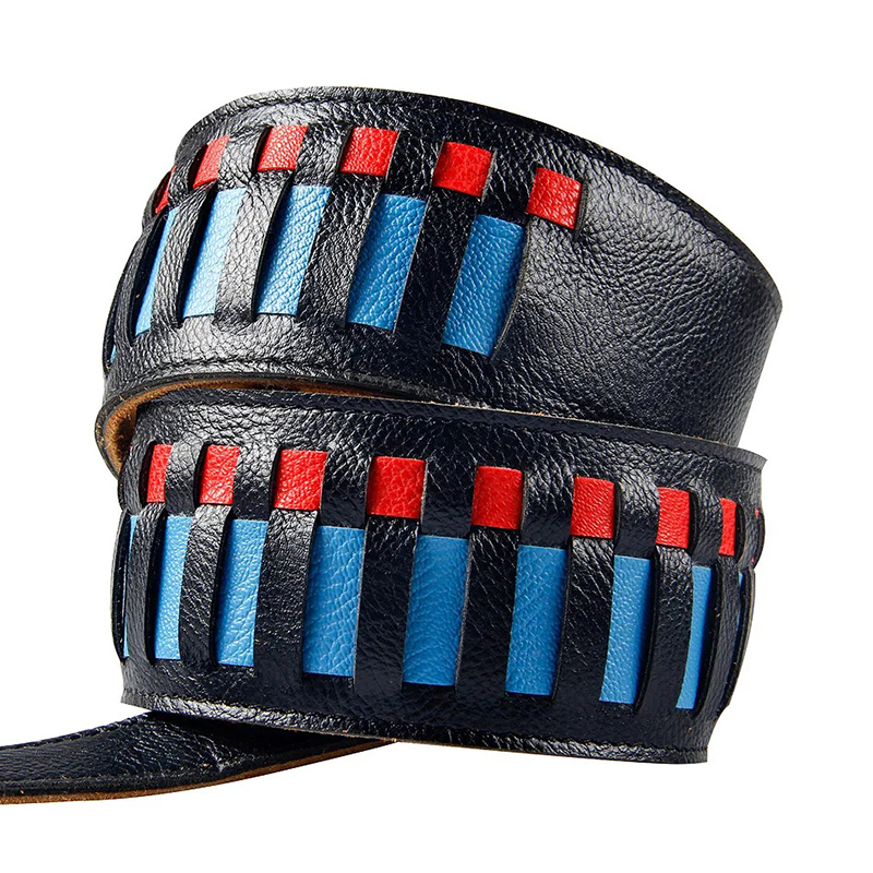 vue tresse de la Sangle en cuir ajouré bleu et rouge