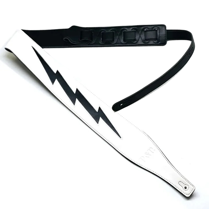 Sangle de guitare en cuir modèle éclair iconique noir sur blanc