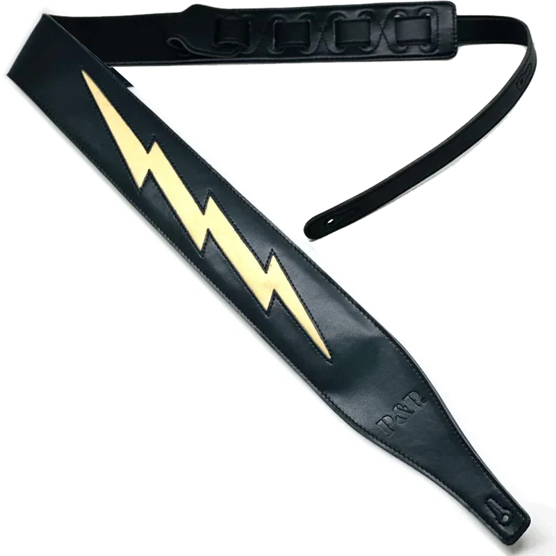 Sangle de guitare en cuir modèle éclair iconique jaune sur noir
