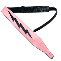 Sangle de guitare en cuir modèle éclair iconique noir sur rose