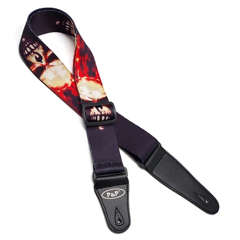 Sangle de guitare tête de mort imprimée grand crâne flammes rouges