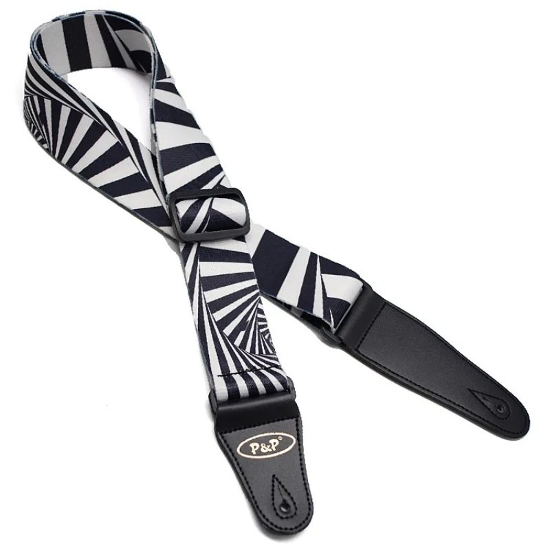 Sangle de guitare imprimée motif spirale hypnotique noir et blanc